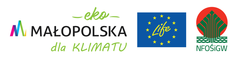 logo programu Eko Małopolska dla klimatu, zdjęcie przedstawia od lewej loggo Województwa Małololskiego, logo Unii Europejskiej, logo Narodowego Funduszu Ochrony Środowiska i Gospodarki Wodnje w Warszawie